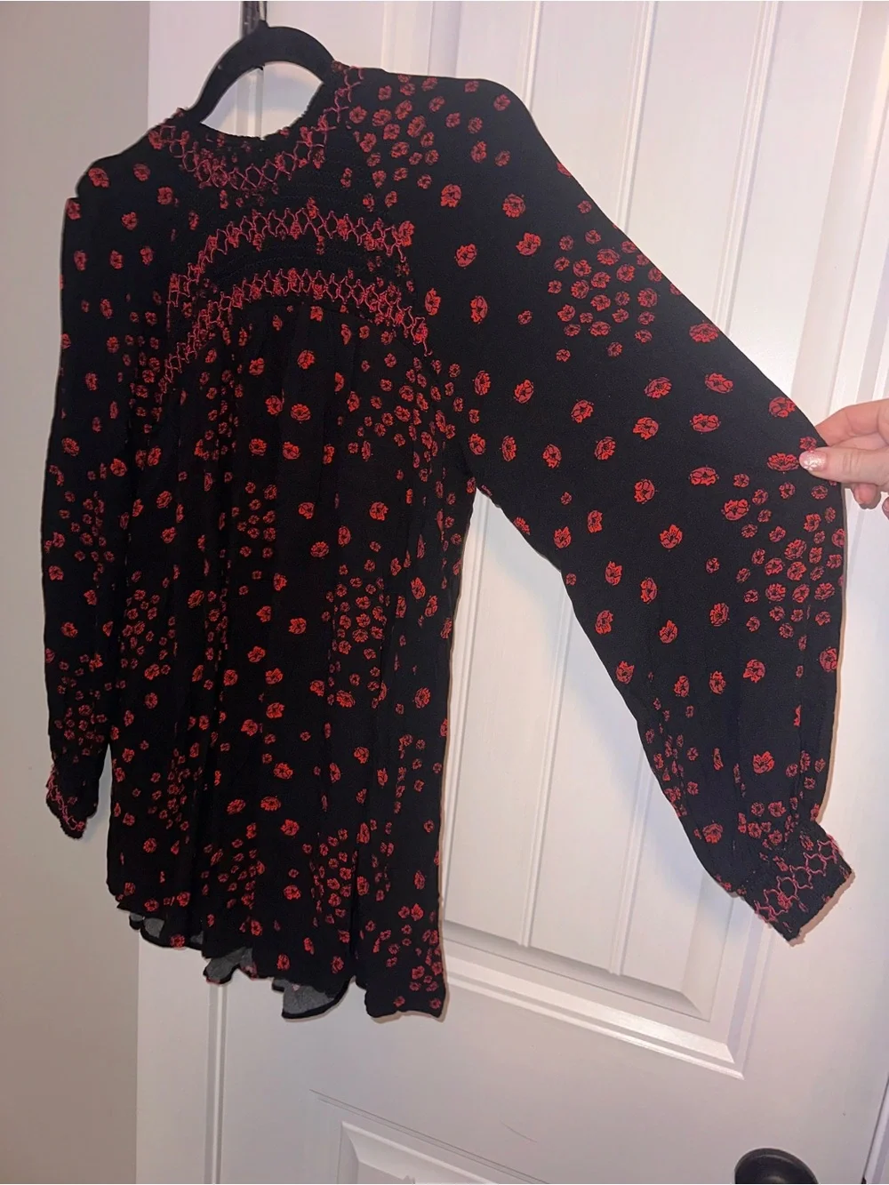 Free People Size Small Black Blouse with Red Floral Smocking